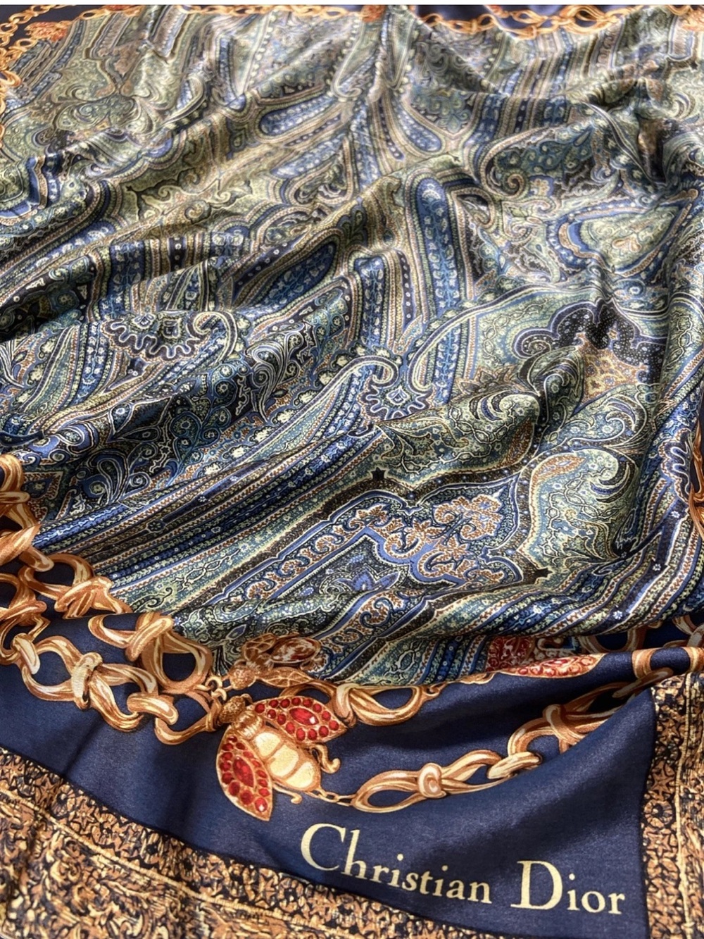 DIOR Vintage SILK Scarf 35” NAVY Gold/Ruby Jewel & Blue-Green Paisley print EUC - Picture 3 of 16